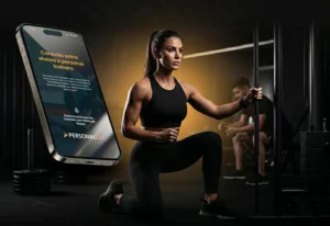 Personal trainer usando app gratuito no celular para montar treino dentro da academia