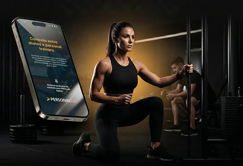 Personal trainer usando app gratuito no celular para montar treino dentro da academia