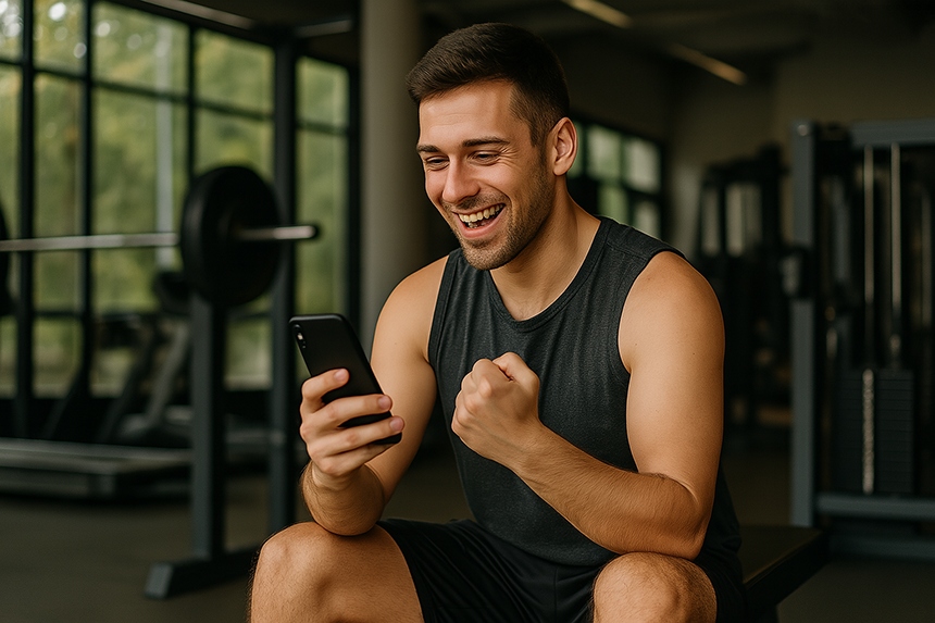 Homem sorrindo sentado na academia enquanto olha para o celular após o treino