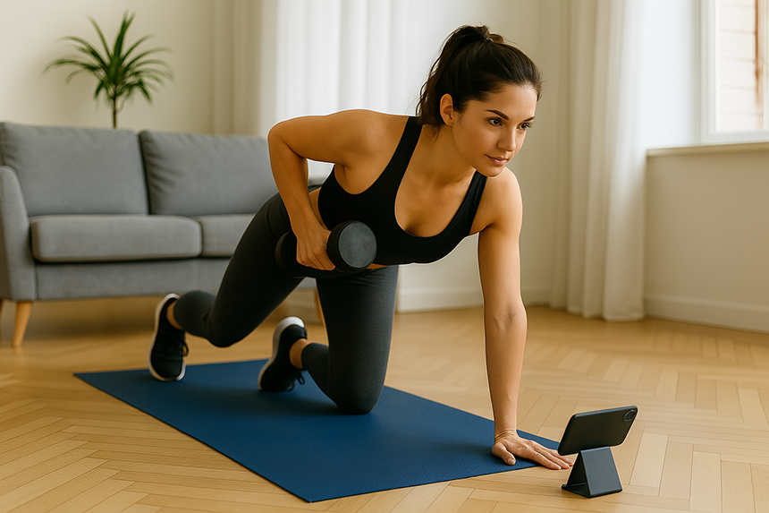 Pessoa realizando treino em casa com exercícios funcionais
