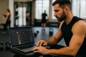 Personal trainer usando a biblioteca de exercícios do PersonalGO para montar treinos no notebook e no celular.
