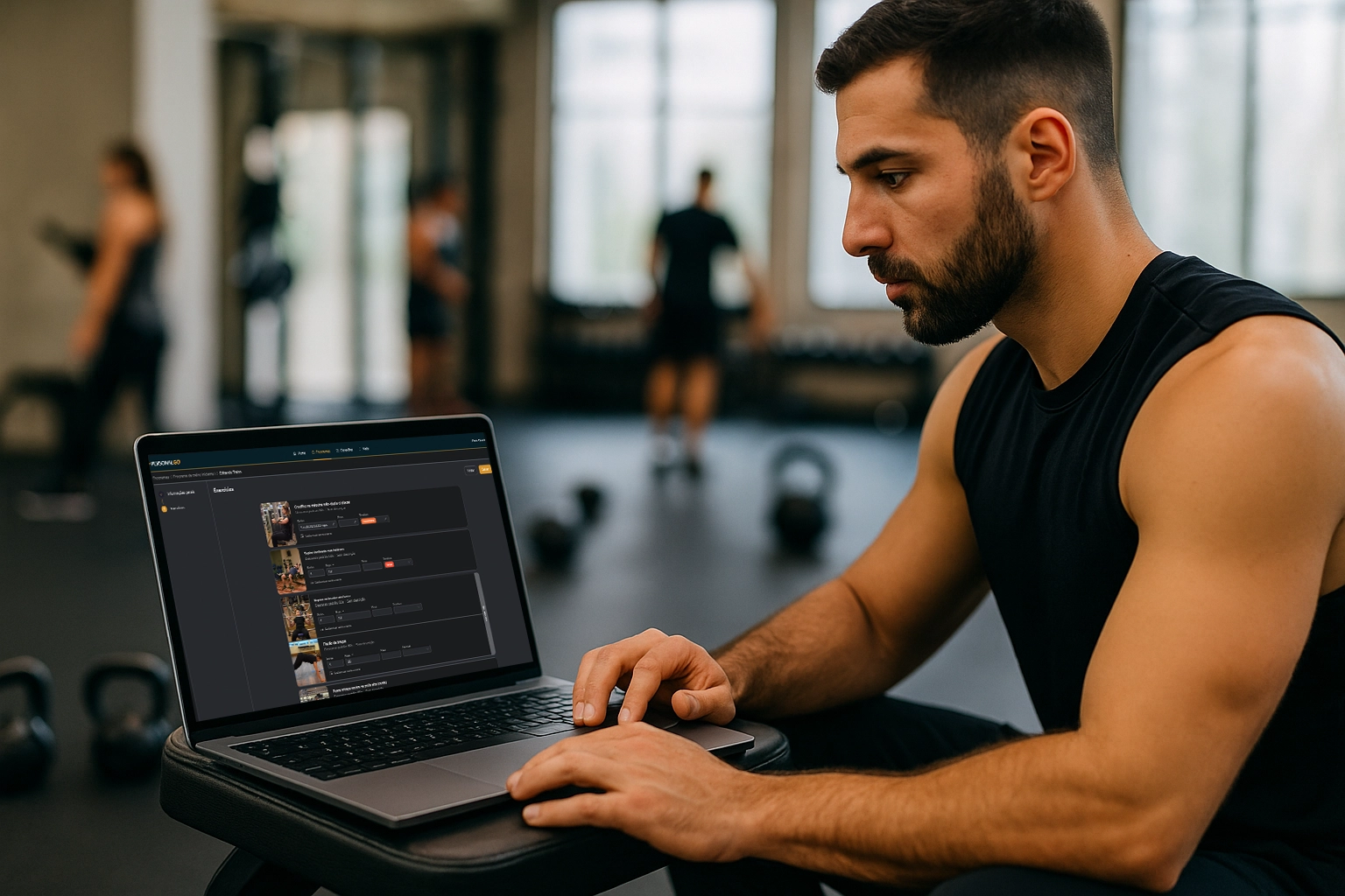 Personal trainer usando a biblioteca de exercícios do PersonalGO para montar treinos no notebook e no celular.