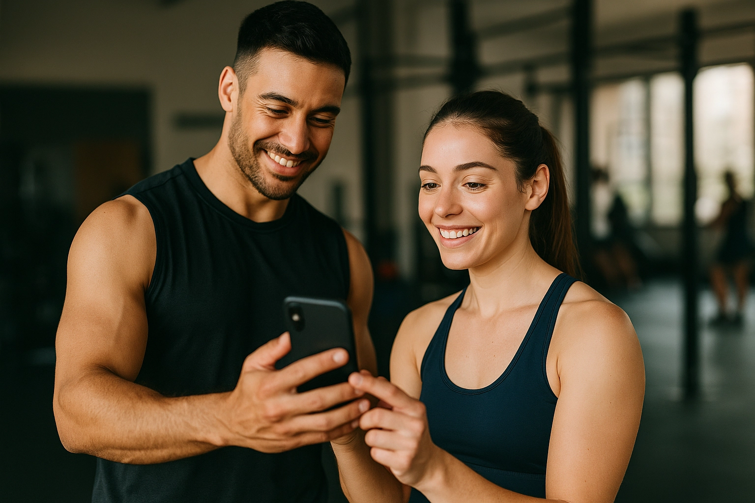 Treino com personal na academia: treinador orienta aluna enquanto consulta o app PersonalGO no celular.