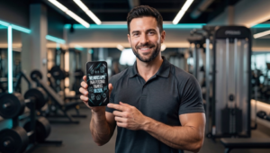 personal trainer segurando app com a inscrição melhores apps para personal trainers em 2026