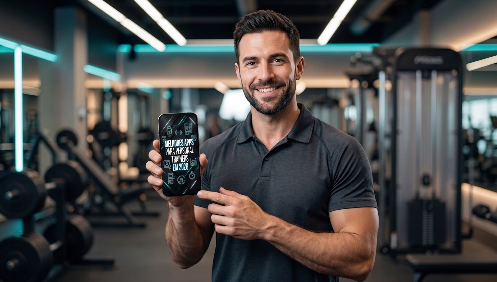 personal trainer segurando app com a inscrição melhores apps para personal trainers em 2026