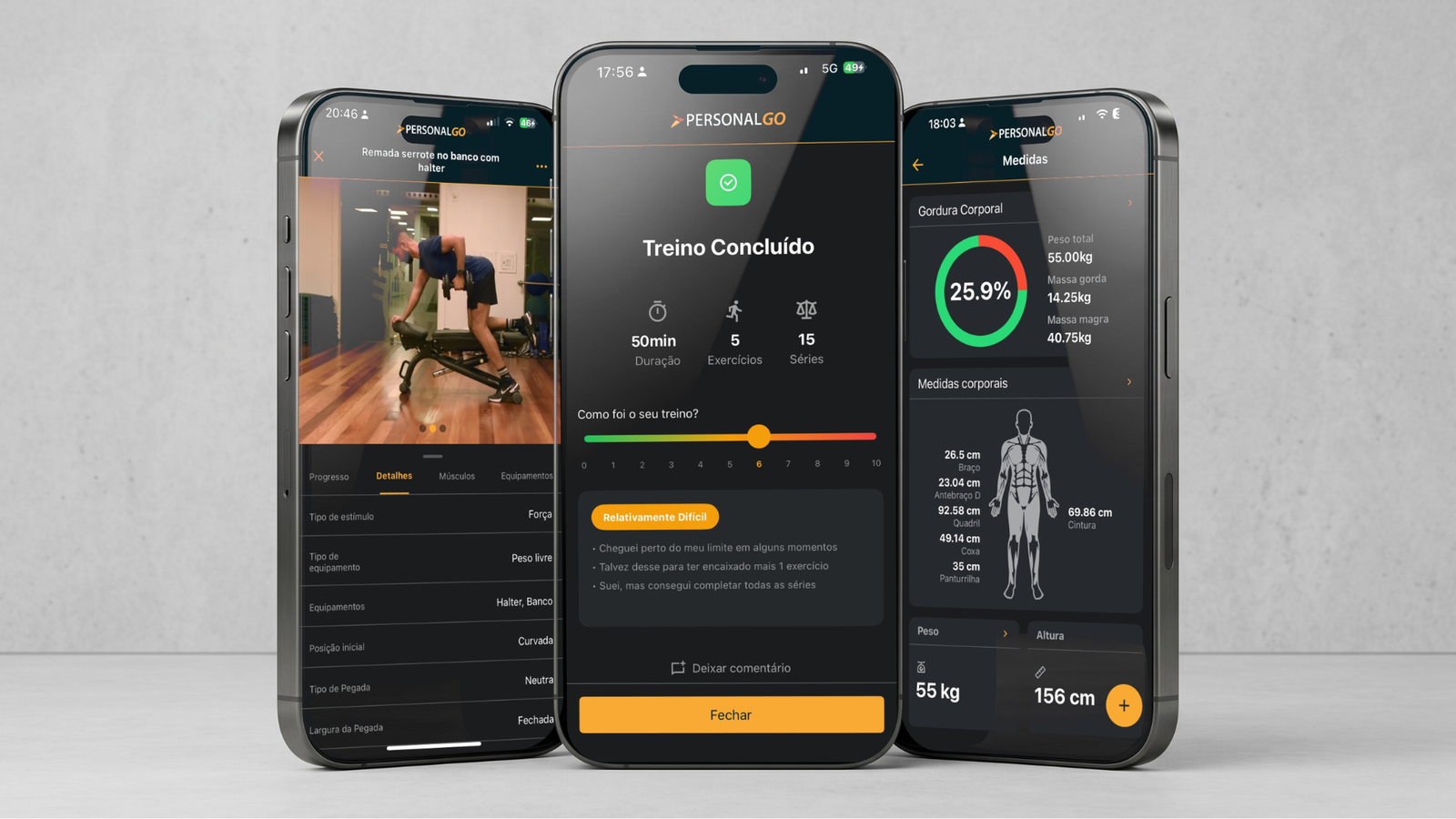 Interface do PersonalGO exibindo tela de prescrição de treino com PSE por série individual