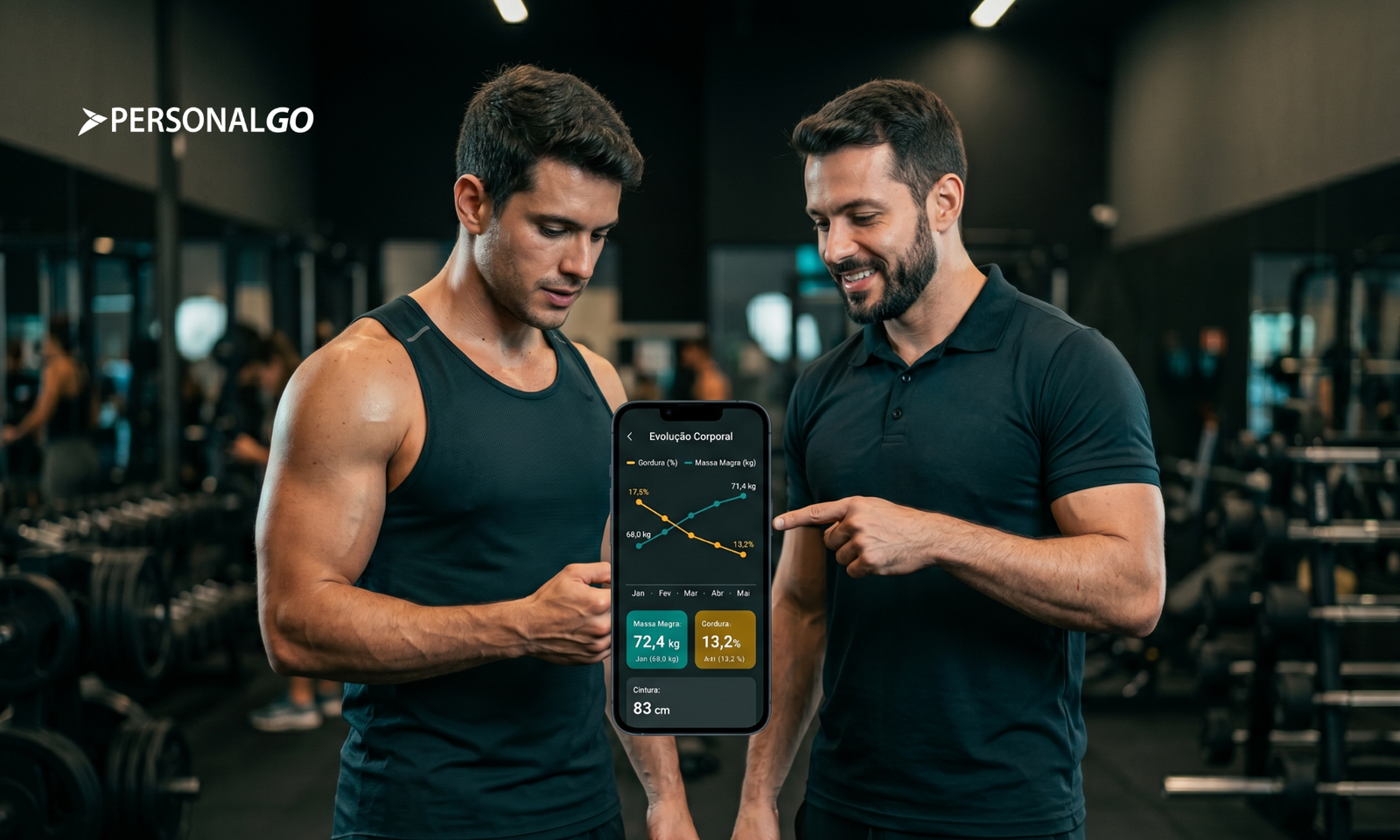 personal trainer e aluno analisando evolução de composição corporal no app de escaneamento