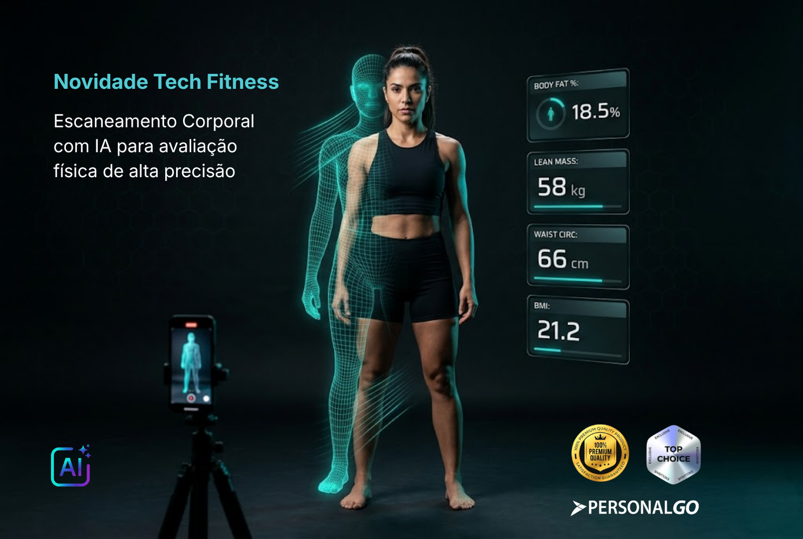 mulher realizando escaneamento corporal digital pelo celular com modelo 3D