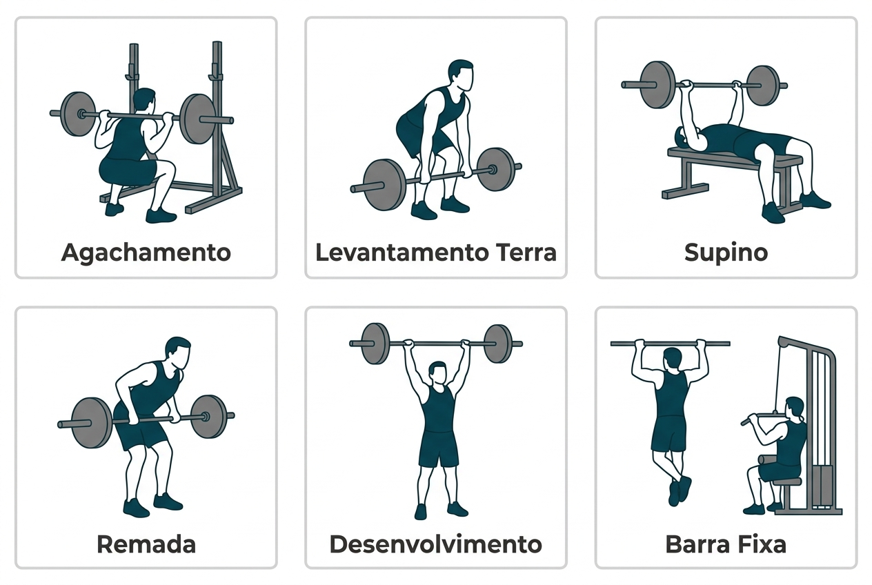 Guia de exercícios compostos para montar treino de musculação online grátis: agachamento, levantamento terra, supino, remada, desenvolvimento e barra fixa