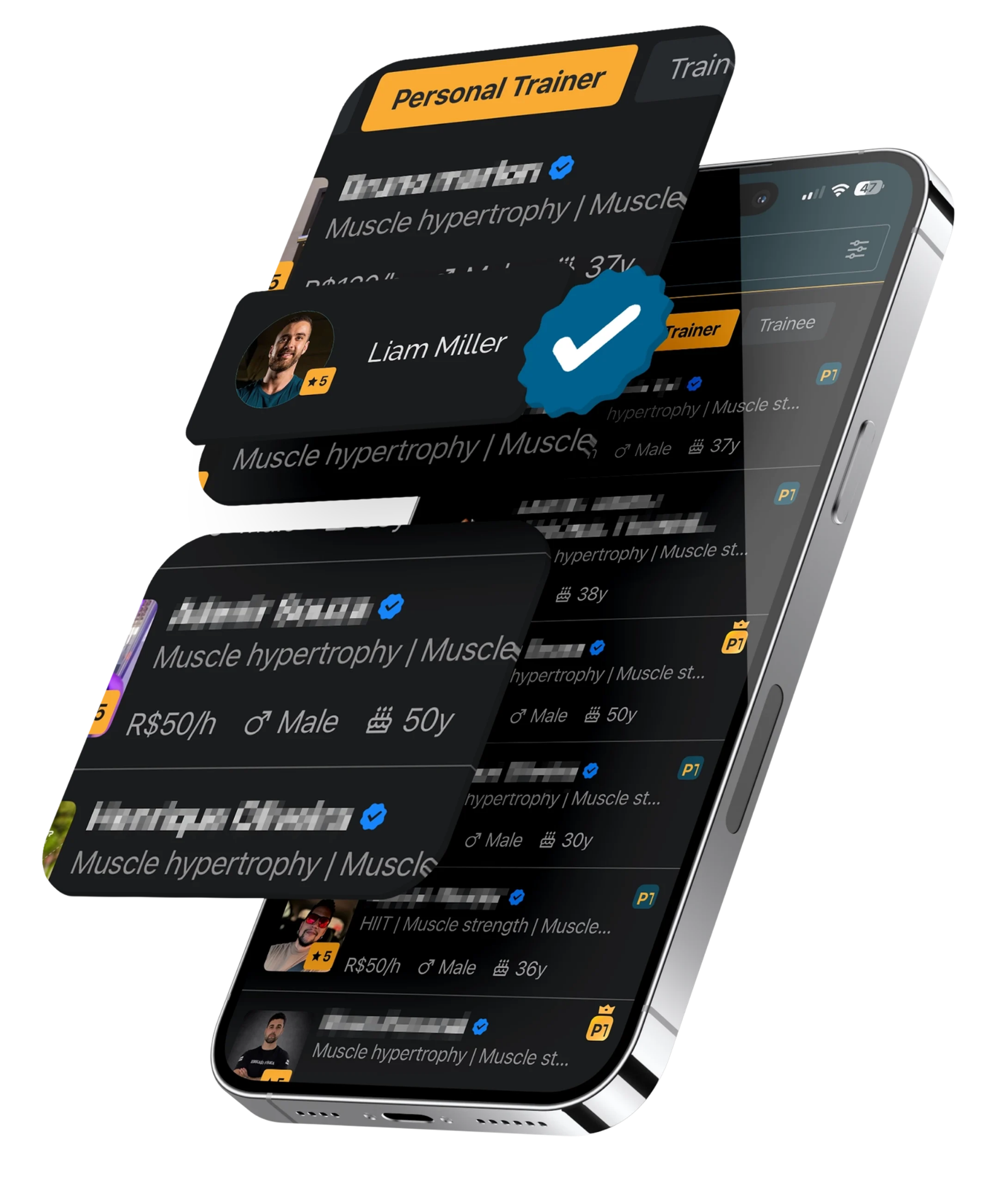 Tela do app PersonalGO mostrando o marketplace de busca de personal trainers com perfis, especialidades e valores por hora