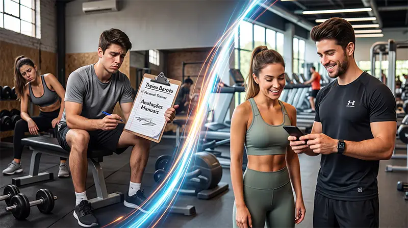 Profissional de educação física saindo da condição de personal trainer mais barato ao usar tecnologia no tablet