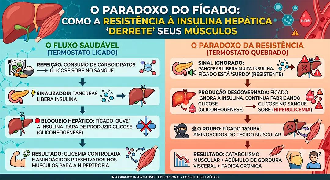 Infográfico explicativo sobre as causas e efeitos da resistência à insulina hepática no tecido muscular