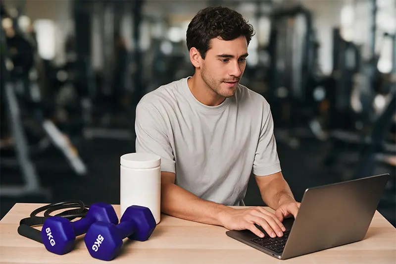 Personal trainer utilizando o celular e o tablet para gerenciar alunos de consultoria online de treino