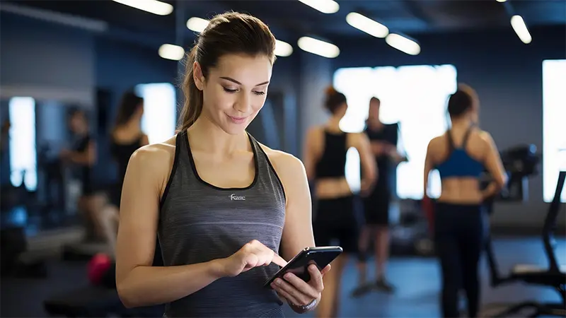 Personal trainer analisando sua presença digital e métricas de alunos no tablet