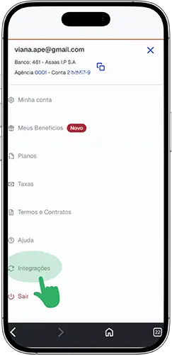 Tela com o botão de integrações