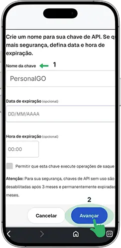 Tela cria nome de chave API