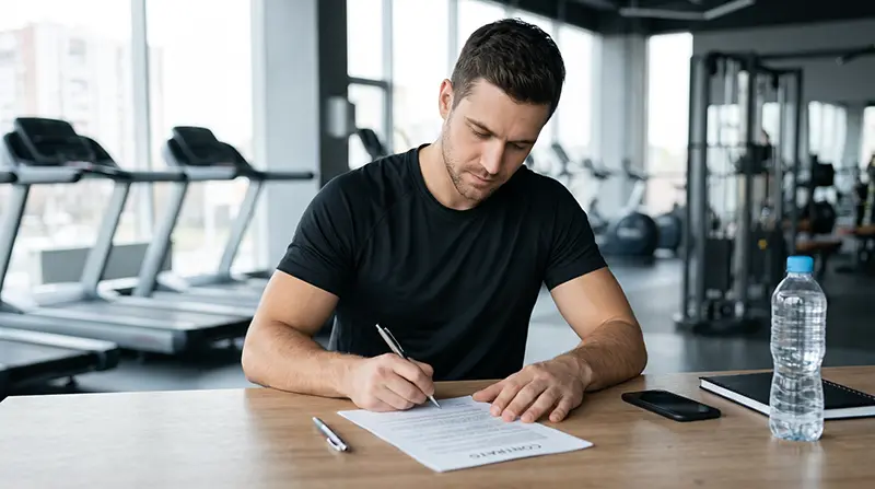 Personal trainer lendo um contrato de consultoria esportiva no tablet ao lado do aplicativo PersonalGO