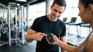 Personal trainer apontando para gráficos na tela de celular da aluna, mostrando na prática como fazer avaliação física online