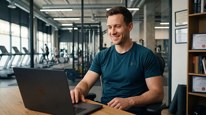 Personal trainer analisando gráficos de evolução no computador e a descobrir como fazer avaliação física online