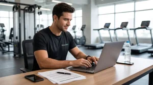 Personal trainer utilizando notebook para gerenciar sua consultoria esportiva na mesa do escritório da academia, com contratos físicos ao lado