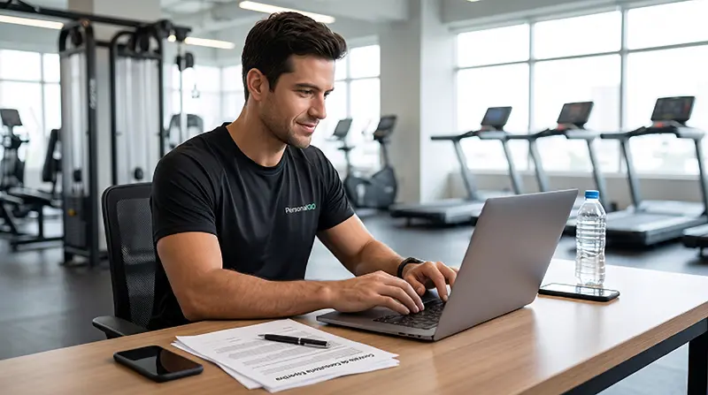 Personal trainer utilizando notebook para gerenciar sua consultoria esportiva na mesa do escritório da academia, com contratos físicos ao lado